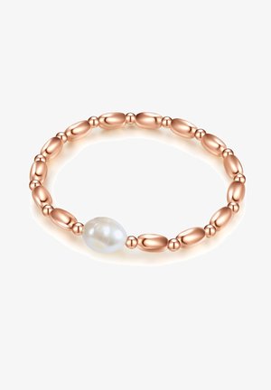Rose gold bracelet with smooth oval beads, featuring a central iridescent pearl. The design is simple and elegant, with a polished finish.