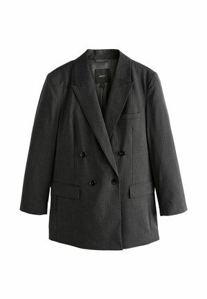 Dunkelgrauer, zweireihiger Blazer mit dünnen Nadelstreifen, breiten Revers und zwei vorderen Pattentaschen, auf weißem Hintergrund dargestellt.