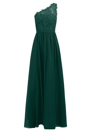 Eén-schouder lange jurk in donkergroen, met een kanten lijfje met bloempatronen en een vloeiende rok van zacht materiaal.