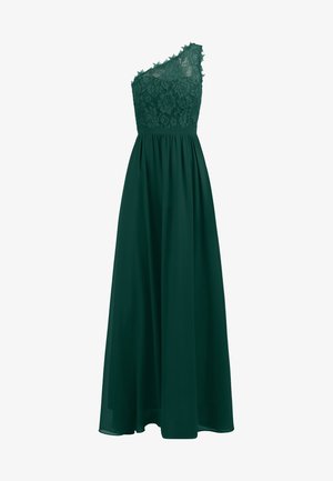 Eén-schouder lange jurk in donkergroen, met een kanten lijfje met bloempatronen en een vloeiende rok van zacht materiaal.