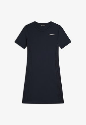 Abito blu navy a maniche corte in morbido tessuto con un motivo sottile sui lati; presenta il logo "FREDDY" con finitura metallica sulla parte anteriore.