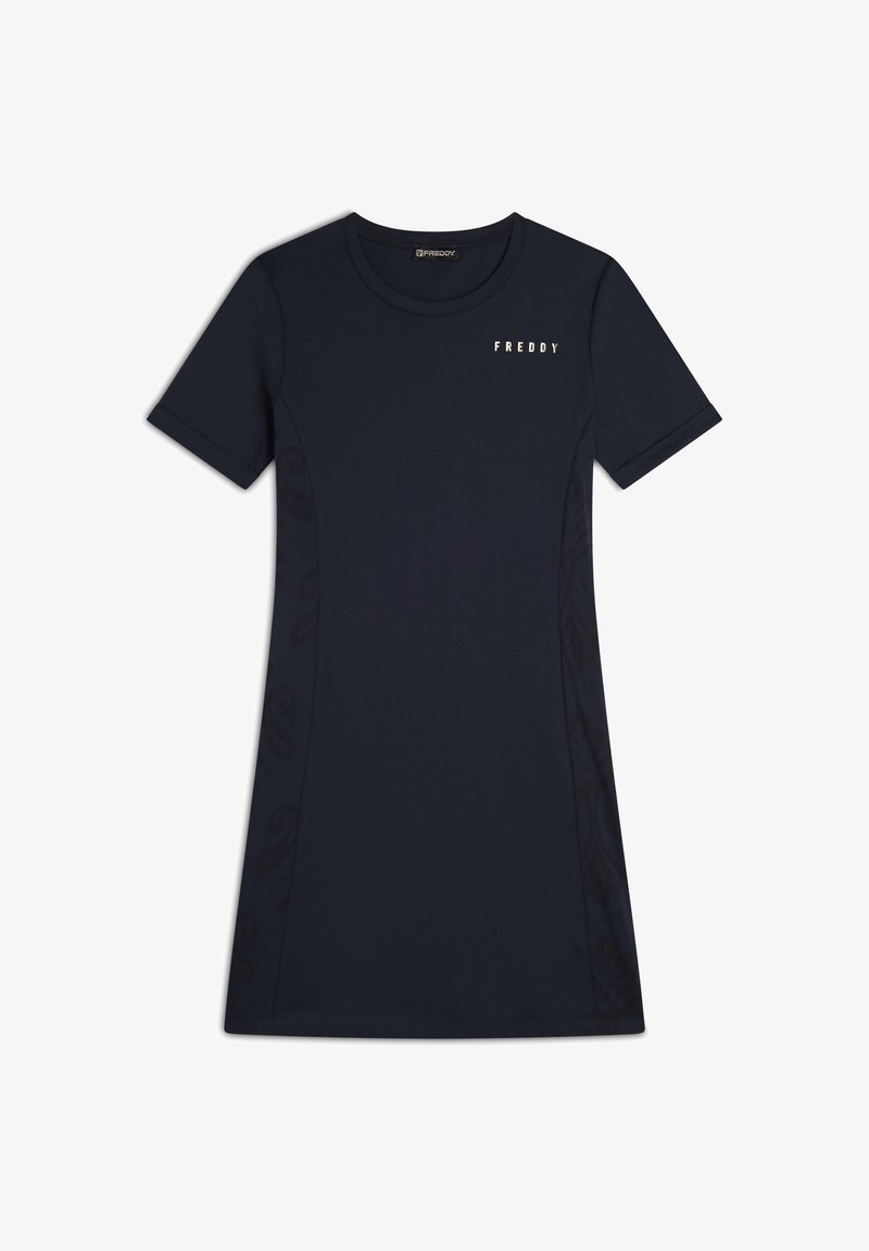 Vestido de manga corta color azul marino en tejido suave con un patrón sutil en los laterales; presenta el logotipo "FREDDY" en acabado metálico en el delantero.