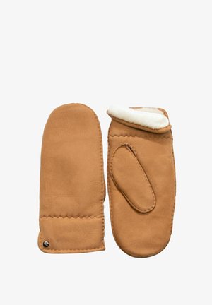 Tan leather mittens with a soft white fur lining. Features a rounded shape with stitched detailing and a small logo accent at the base.