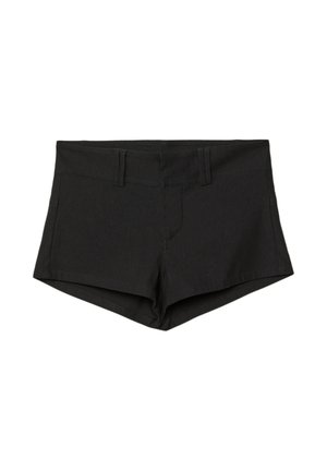 Crne pamučne kratke hlače s prilagođenim dizajnom, koje imaju visoki struk i bočne džepove. Tkanina ima glatku teksturu i minimalne šavne.