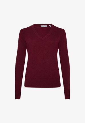 Bordeaux v-hals trui gemaakt van zacht materiaal, met lange mouwen en een getailleerd ontwerp. Geen zichtbare patronen of accenten.