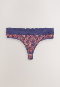 Perizoma blu navy con bordatura in pizzo e motivo paisley colorato, caratterizzato da un tessuto morbido e un design sottile per una silhouette aderente.