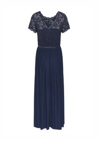 Navy blue long dress with lace short sleeves and V-neckline on fitted bodice and flowing skirt.