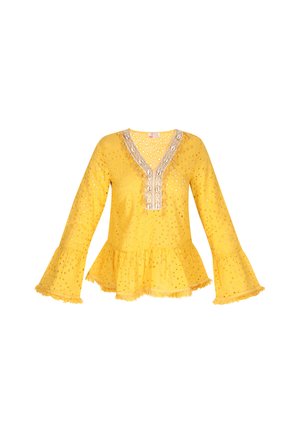 Gelbes Peplum-Top mit V-Ausschnitt, verziert mit Spitzenbesatz und Glockenärmeln. Verfügt über durchgängige Ausschnittmuster und fransige Saumkanten.