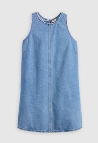 Denim sleeveless dress in light blue, featuring a round neckline, front zip closure, side pockets, and contrast stitching details.