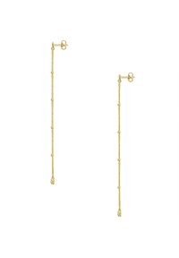 Zlato-tonirani uhani z dolgim, tankim oblikovanjem verige, ki vključujejo majhne sferične akcentne elemente in kapljično oblikovan opal na koncu.