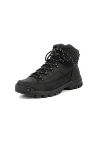 Botas de senderismo impermeables negras con un diseño de tobillo alto, parte superior de cuero texturizado y sintético, y suela de goma robusta con tacos visibles.