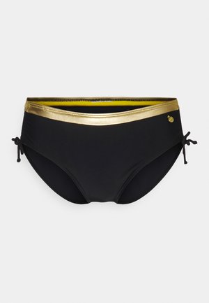 Fekete bikini alsó arany elasztikus derékkal és sárga béléssel. Állítható oldalszíjak a testreszabott illeszkedés érdekében. Puha szövet textúra.