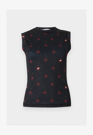 Μαύρο αμάνικο τοπ με μοτίβο από σκούρες κόκκινες κεράσιες με κοτσάνια, κατανεμημένες ομοιόμορφα σε όλο το ύφασμα.