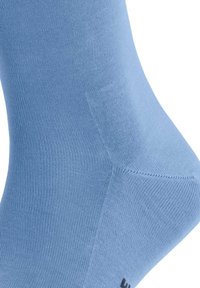 Calzino azzurro chiaro realizzato in un materiale liscio e elastico. Presenta un tallone e una punta rinforzati, con una sottile trama a coste uniforme.