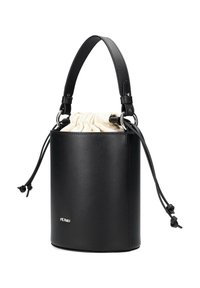 Black leather bucket bag with a textured cream fabric interior. Features a top handle, drawstring closure, and metal accents. Round base.