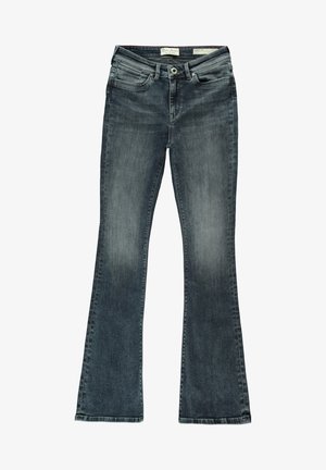 Donkerblauwe flared jeans gemaakt van denim, met vijf zakken, een knoopsluiting en een lichte vervaging op de stof voor een versleten uitstraling.