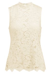 Krämfärgad ärmlös spetsblus med blommönster, hög halsringning, nyckelhålsknäppning bak och vågformad nederkant.