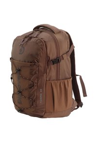 Brown nylon backpack with netted front design, multiple straps, a side mesh pocket, and rigid base. Features a top handle and padded shoulder straps.