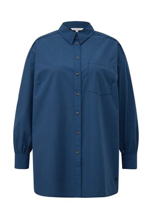 Camicia button-up blu navy con righe verticali, colletto, maniche lunghe con polsini arricciati e una tasca sul petto.