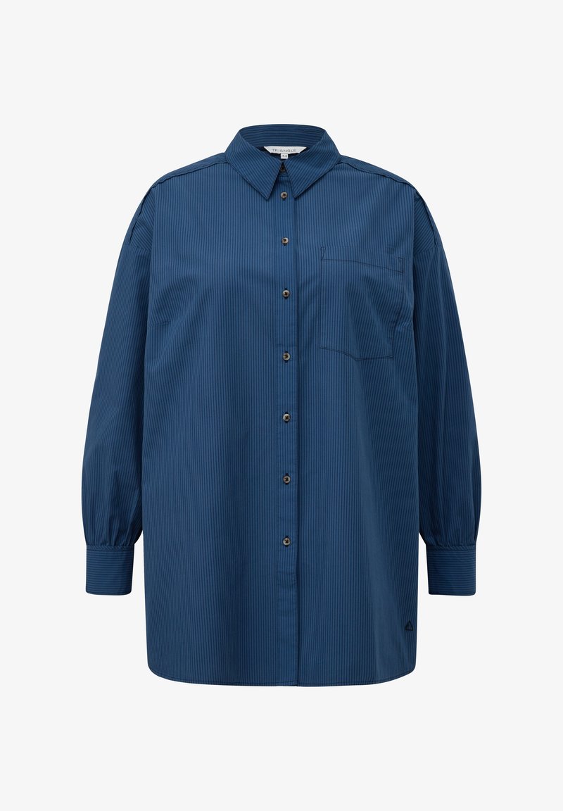 Marinblå knapp-up skjorta med vertikala ränder, krage, långa ärmar med rynkade manschetter och en enda bröstficka.