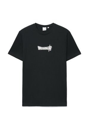 Maglietta nera in cotone con maniche corte, con una grafica bianca di "Dragon Ball Super" stampata sul petto. Scollo rotondo, senza decorazioni.