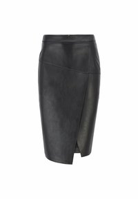 Mustassa nahkahameessa on kietaisumalli, pieni etureikä ja sileä pinta. Tasainen vyötärö ja ei näkyviä metalliosia.