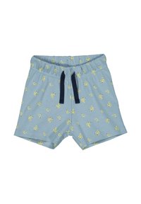 Modré šortky z texturované látky, se vzorem banánů a námořnickou šňůrkou v pase. Délka do poloviny stehen.