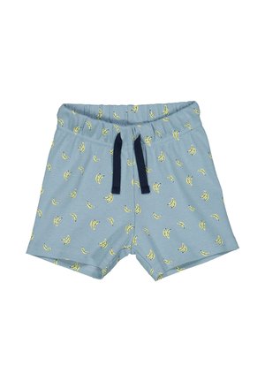 Blaue Shorts aus strukturiertem Stoff mit einem Bananenmuster und einem dunkelblauen Zugband an der Taille. In einer Länge bis zur Mitte des Oberschenkels.