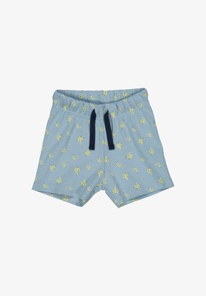 Pantaloni corti blu realizzati in tessuto testurizzato, con un motivo di banane e un cordoncino navy in vita. Lunghezza a metà coscia.