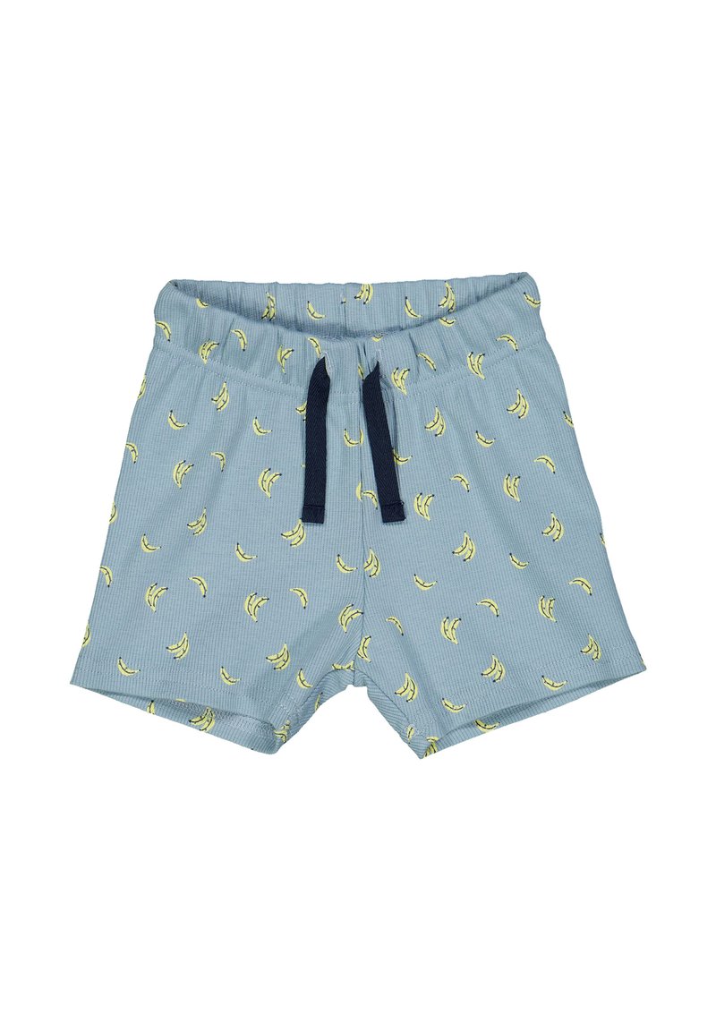 Modré šortky z texturované látky, se vzorem banánů a námořnickou šňůrkou v pase. Délka do poloviny stehen.