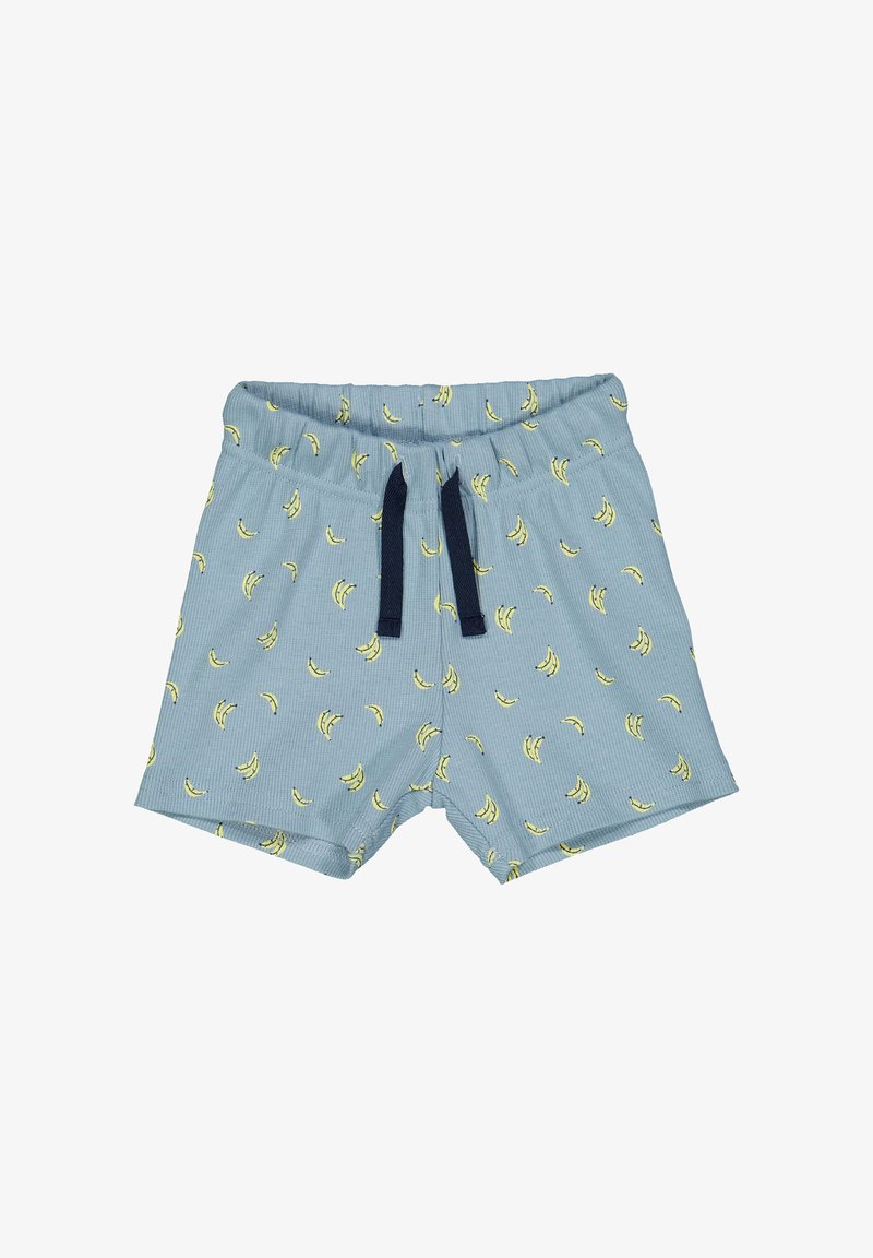 Modré šortky z texturované látky, se vzorem banánů a námořnickou šňůrkou v pase. Délka do poloviny stehen.