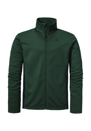 Grüne Fleecejacke mit hohem Kragen, durchgehendem Reißverschluss, strukturiertem Material und schwarzen Seitenpanelen. Mit einem Logo auf der Brust.