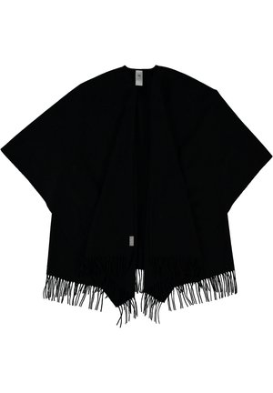 Poncho noir ouvert sur le devant avec manches larges et ourlet à franges, comportant deux petites étiquettes en tissu près de l'encolure et du bas.