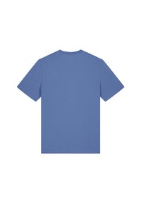 Blaues Baumwoll-T-Shirt mit Rundhalsausschnitt und kurzen Ärmeln, das eine glatte Textur aufweist und auf der Rückseite keine sichtbaren Muster oder Grafiken hat.