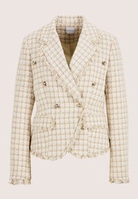 Beige tweed blazer met een geruit patroon, rafelige randen, dubbelgeknoopt ontwerp en zilveren knopenaccenten. Voering aan de binnenkant.