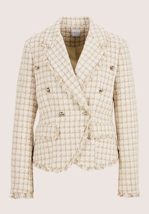 Beige tweed blazer met een geruit patroon, rafelige randen, dubbelgeknoopt ontwerp en zilveren knopenaccenten. Voering aan de binnenkant.