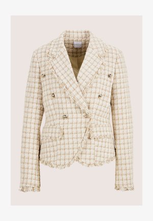 Beige tweed blazer with a checked pattern, frayed edges, double-breasted design, and silver button accents. Lined interior.