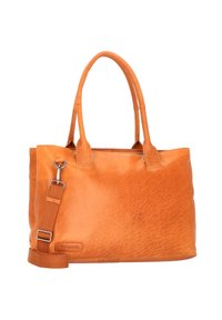 Tan leren tote bag met dubbele handgrepen aan de bovenkant, een verstelbare schouderriem en een textuur oppervlak. Voorzien van een zilveren hardwaredetail.