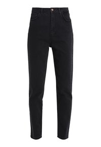 Hoch taillierte schwarze Jeans aus Baumwoll-Denim. Mit einem frontalen Knopfverschluss, fünf Taschen und einem schmal zulaufenden Bein Design.