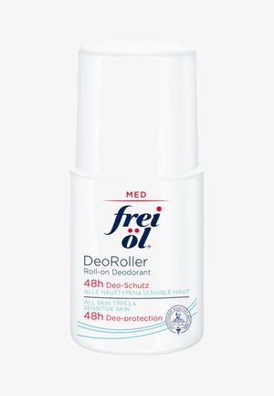 Weißer Roll-On-Deodorantbehälter mit glatter, zylindrischer Form. Besitzt blaue und rote Schrift, die Marke und Produktinformationen anzeigt.