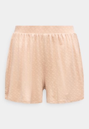 Pantaloni scurți bej deschis cu talie elastică, model subtil cu inimioare mici, croială lejeră și textură moale a materialului.