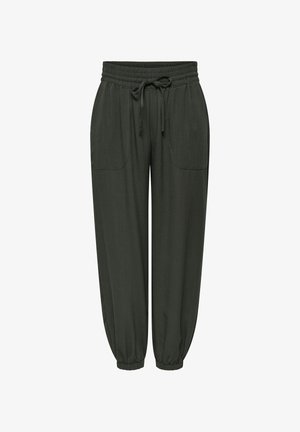 Pantaloni de trening verde închis cu talie elastică, șnur, două buzunare frontale aplicate și manșete elastice la glezne.