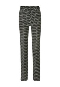 Zwart-wit gestreepte rechte broek met knoopdetails bij de tailleband en een hoge taille.