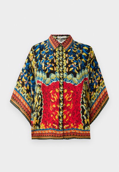 Colorful silk blouse featuring a black base, red and blue floral patterns, a collared neckline, and wide sleeves with intricate borders.
