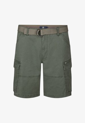 Weißes Baumwoll-T-Shirt mit Grafikdruck, olivgrüne Cargo-Shorts, weiße Turnschuhe und weiße Knöchelsocken. Einfache, legere Kleidung.