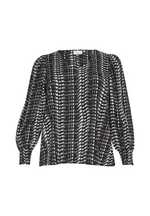 Blusa a righe bianco e nero con scollatura a V, maniche a palloncino e vestibilità ampia. Realizzata in tessuto leggero con una texture liscia.