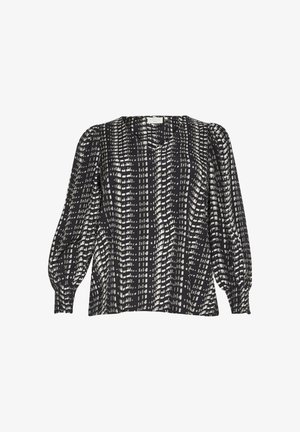 Blusa a righe bianco e nero con scollatura a V, maniche a palloncino e vestibilità ampia. Realizzata in tessuto leggero con una texture liscia.