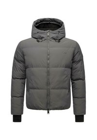 Sivi puffer jakna s kapuljačom, koja ima puni patentni zatvarač, elastične manžete i elegantnu, quilted teksturu. Minimalistički dizajn bez vidljivih logotipa.