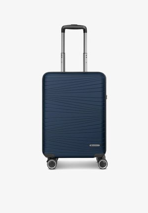 Marineblauer Hartschalenkoffer mit diagonalen Linienmustern, vier Spinner-Rollen und ausziehbarem Teleskopgriff.