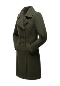 Green wool blend coat with a double-breasted front, large collar, and side pockets. Features a smooth texture and tailored fit.